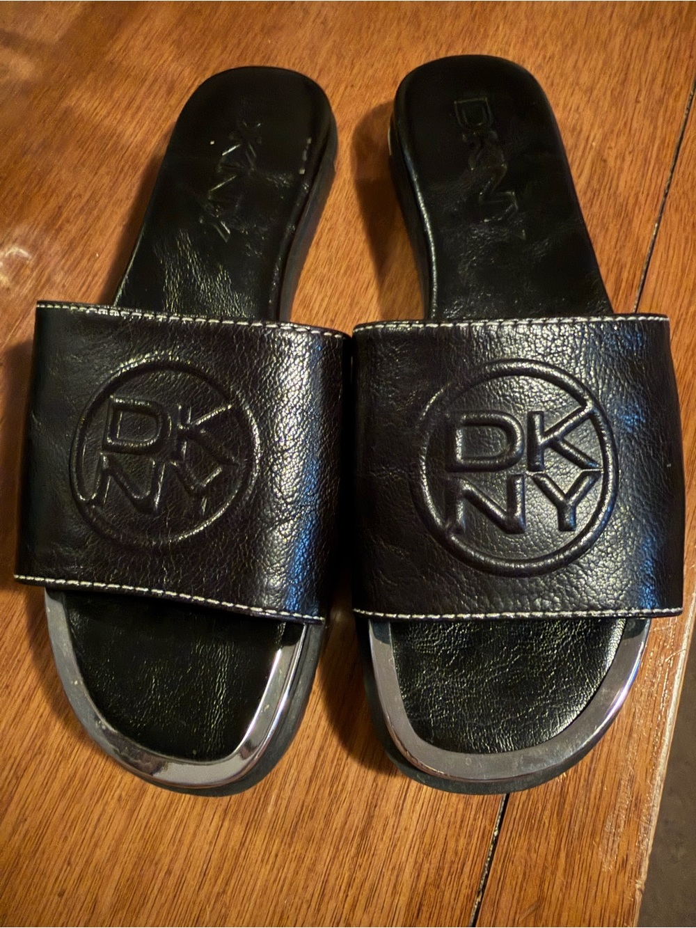 DKNY women’s Black Slide Sandals with Embossed Logo